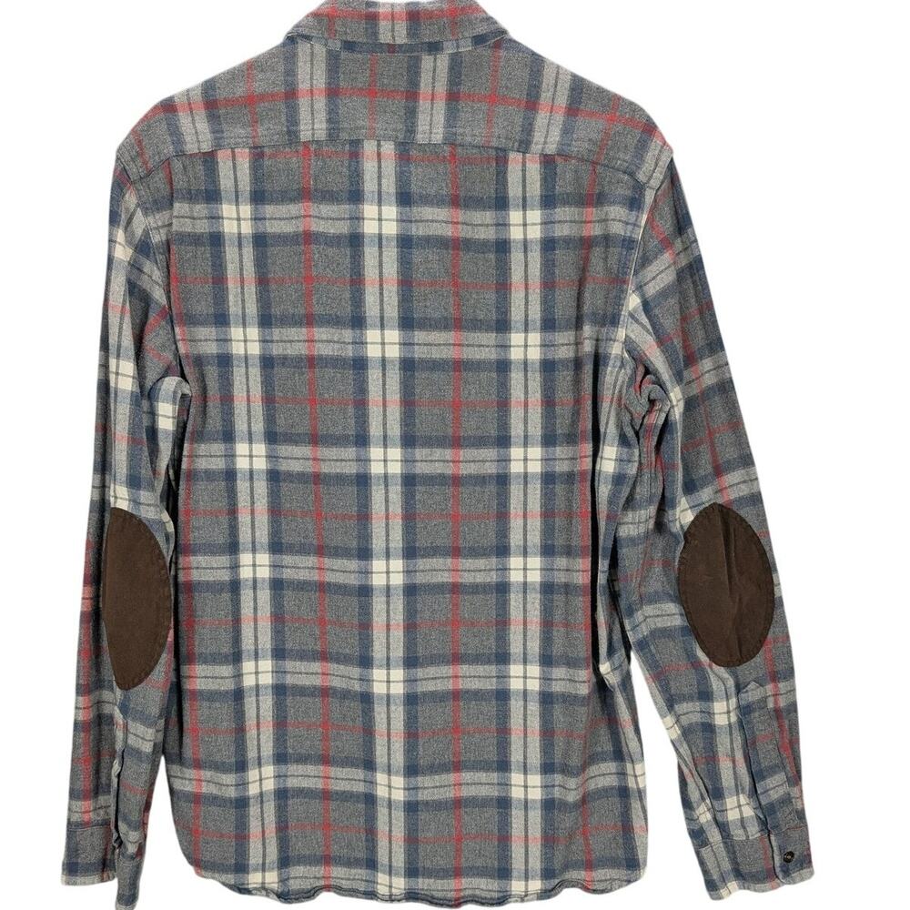 J.Crew Mercantile Flex Shirt Mens Large Gray Blue Plaid Flannel Elbow Patches
